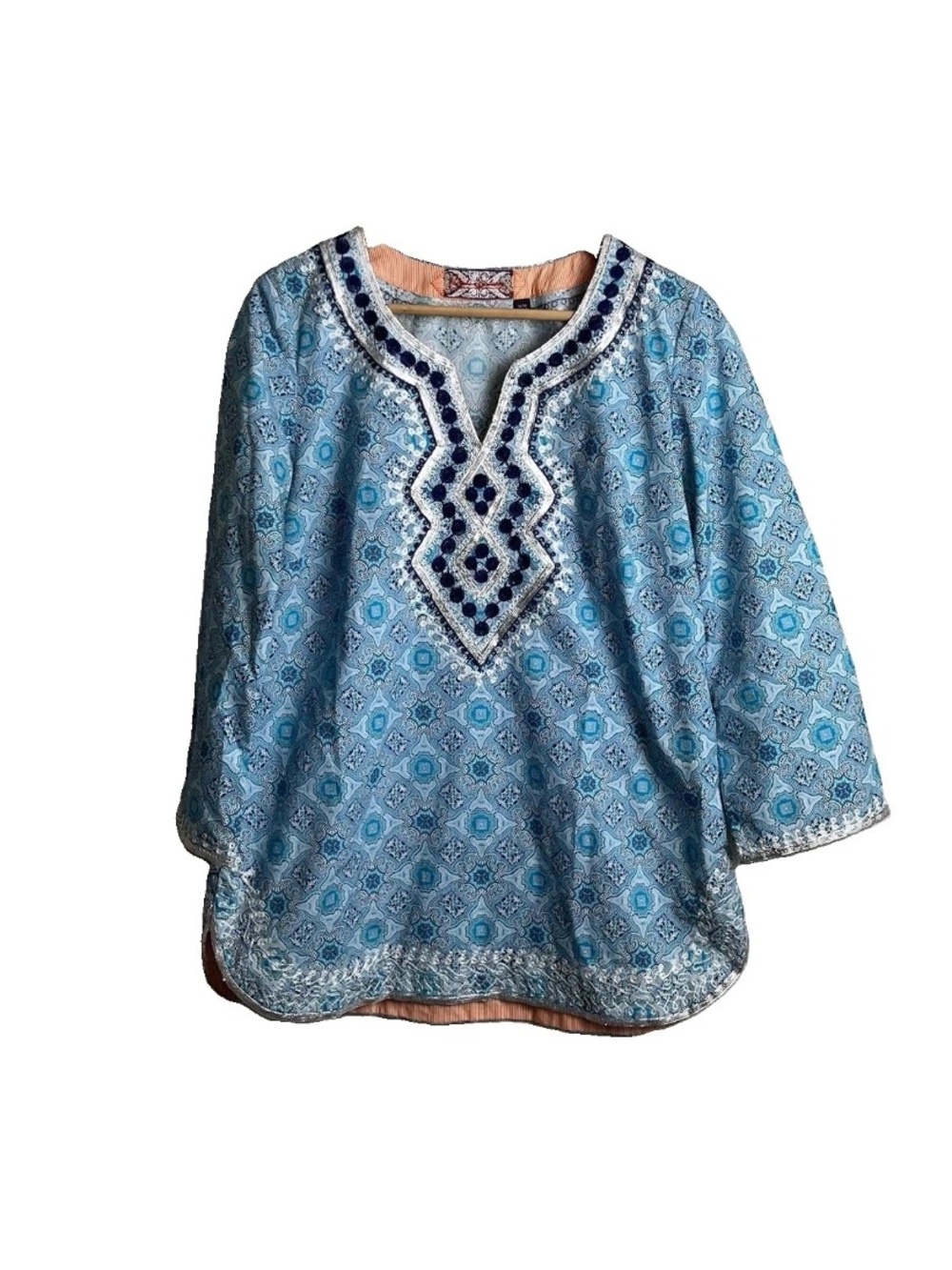 Robert Graham Top Embroidered Tunic Medium Blue Paisley Boho Cotton Blouse Women